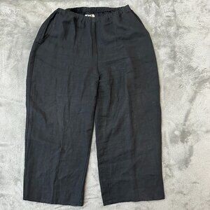 Flax Pull On Wide Leg Pants Black 100% Linen MEDIUM Lagenlook Minimalist